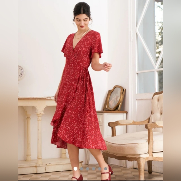 NWT Rihoas Red & White PolkaDot Wrap Midi Dress, Medium - Picture 3 of 17